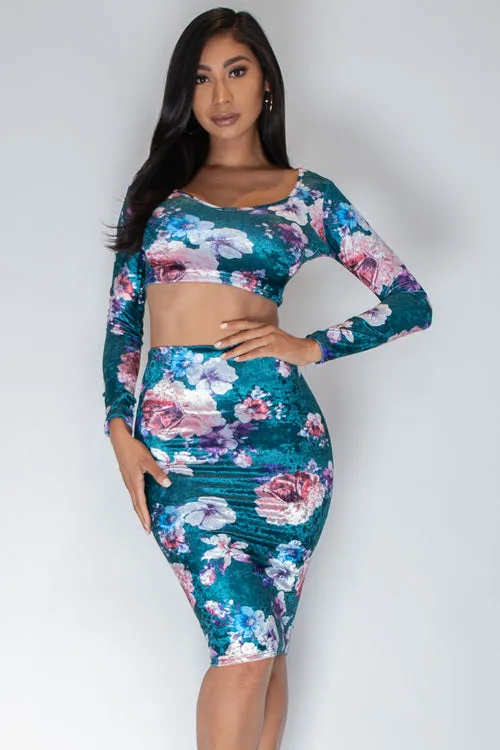 2 Piece Floral Print Skirt Set Long Sleeve Crop Top and pencil Midi Skirt* (EMT0167)