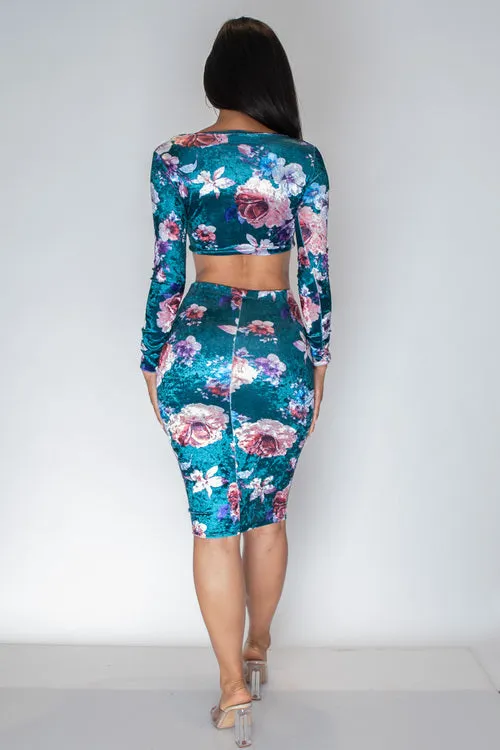 2 Piece Floral Print Skirt Set Long Sleeve Crop Top and pencil Midi Skirt* (EMT0167)
