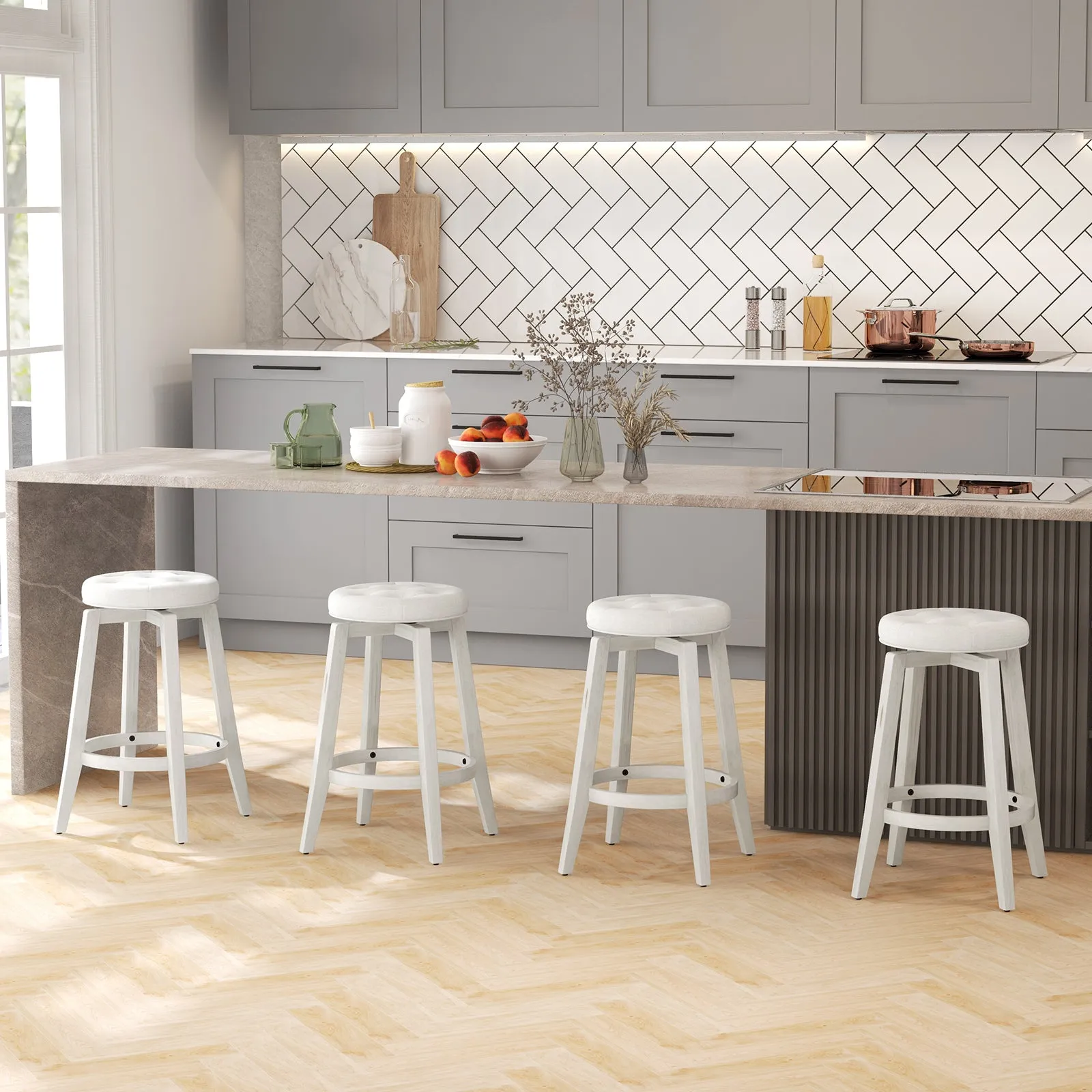 360° Swivel Upholstered Bar Stool Set of 2 with Footrest-White