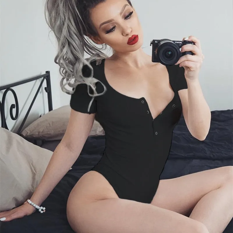 Autumn winter skinny button up long sleeve bodysuit