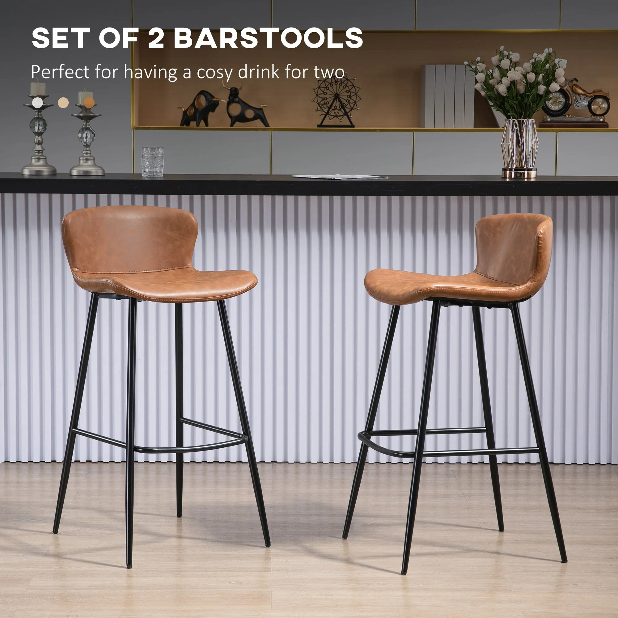 Bar Stools Set of 2, PU Leather Bar Chairs with Back and Steel Legs