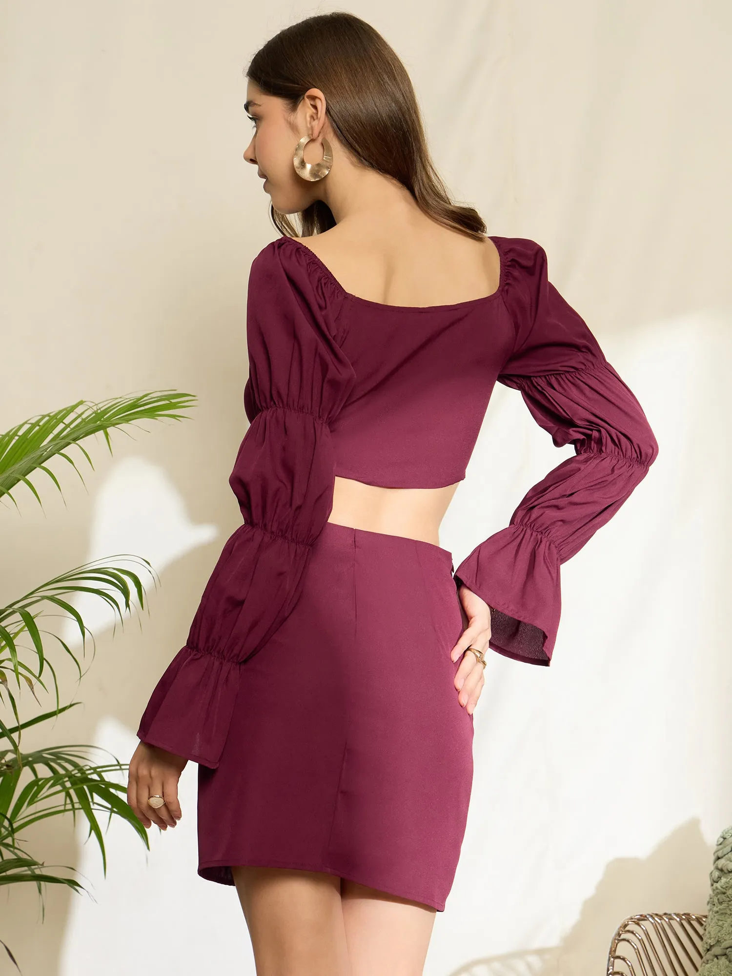 Berrylush Women Solid Maroon Sweetheart Neck Puff Sleeves Front Cutout Pleated Crop Top & Bodycon Mini Skirt Co-Ord Set