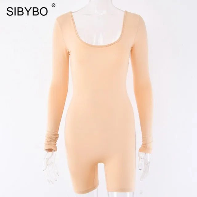 Black Long Sleeve Slim Playsuit Spring O-Neck Backless Sexy Rompers Jumpsuit Casual Body Tops Overalls