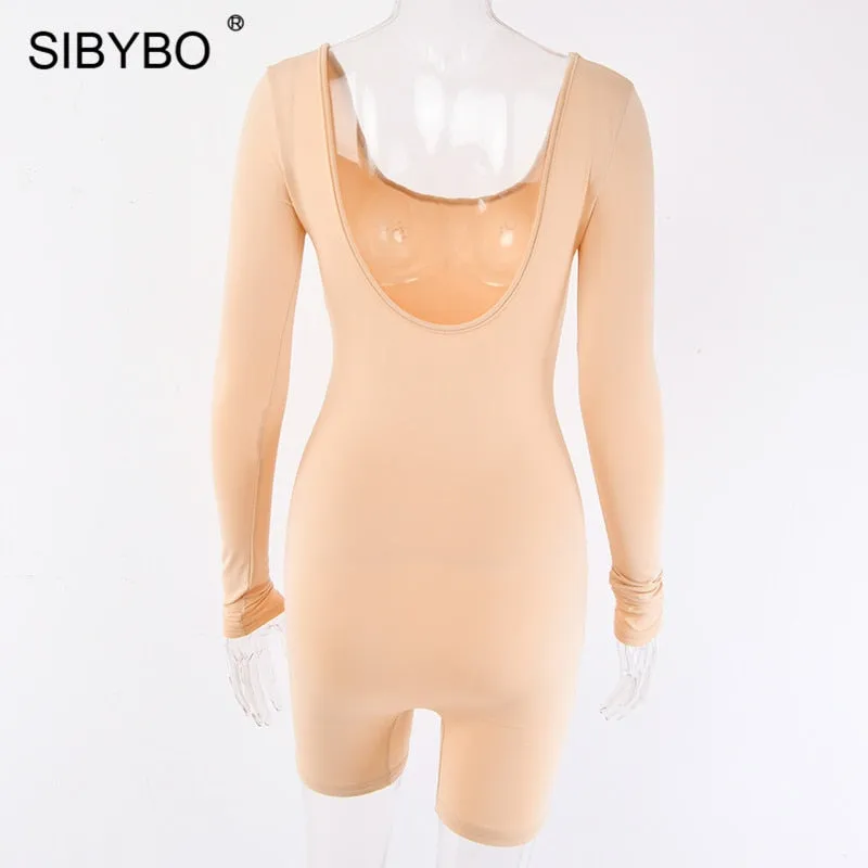 Black Long Sleeve Slim Playsuit Spring O-Neck Backless Sexy Rompers Jumpsuit Casual Body Tops Overalls