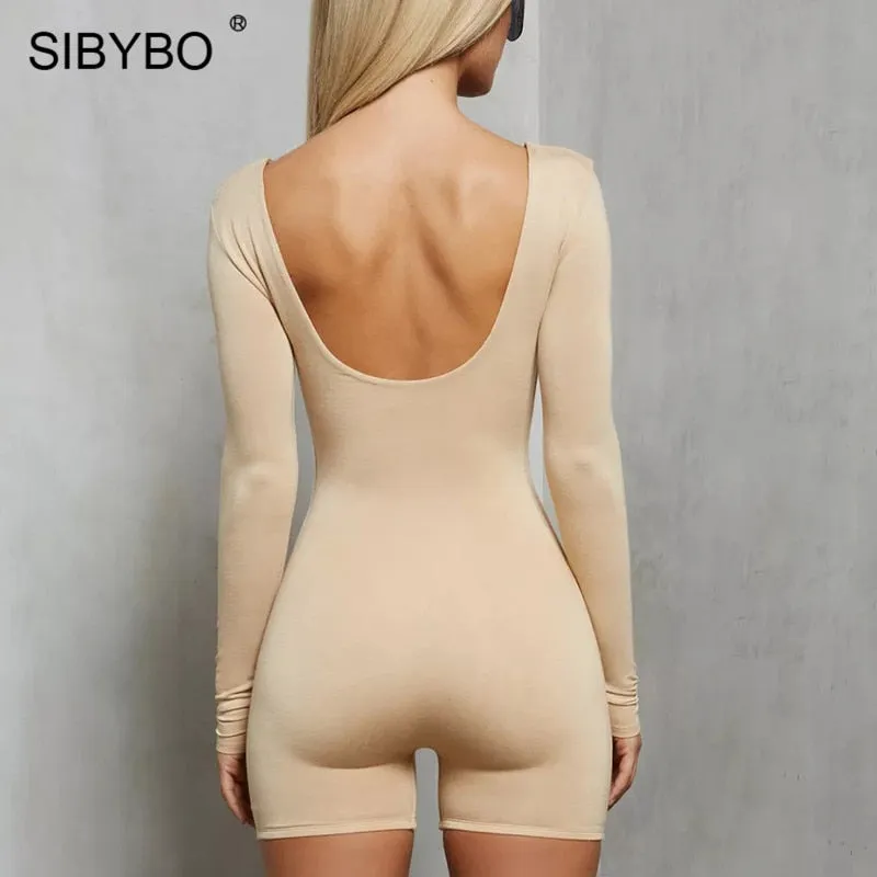 Black Long Sleeve Slim Playsuit Spring O-Neck Backless Sexy Rompers Jumpsuit Casual Body Tops Overalls