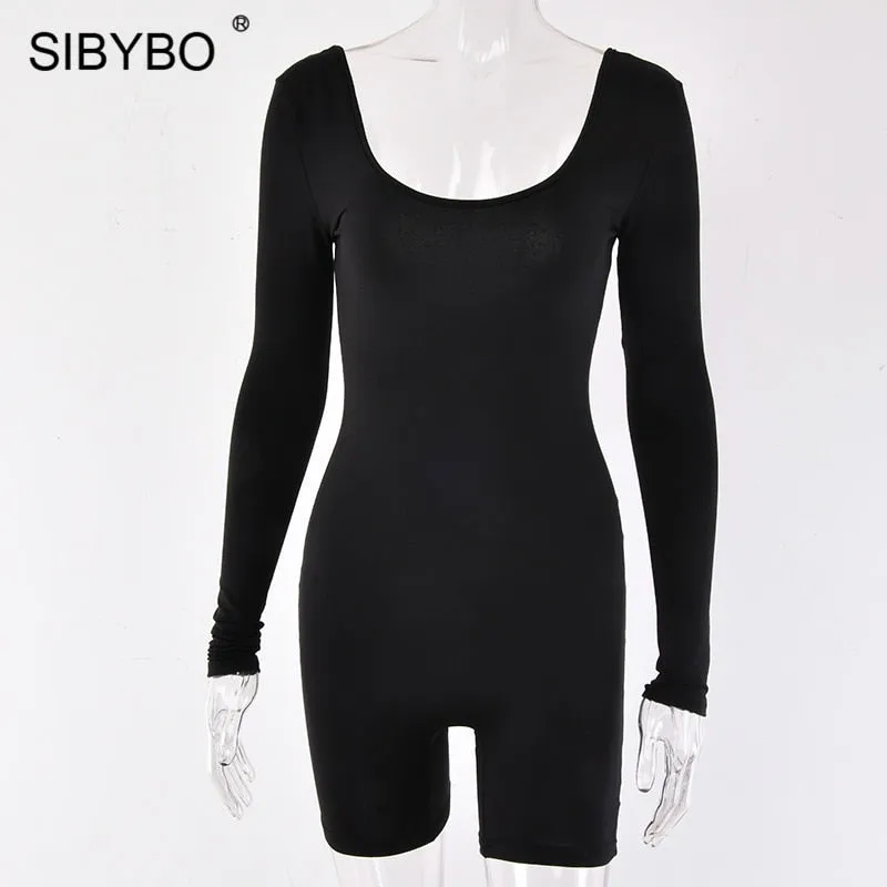 Black Long Sleeve Slim Playsuit Spring O-Neck Backless Sexy Rompers Jumpsuit Casual Body Tops Overalls