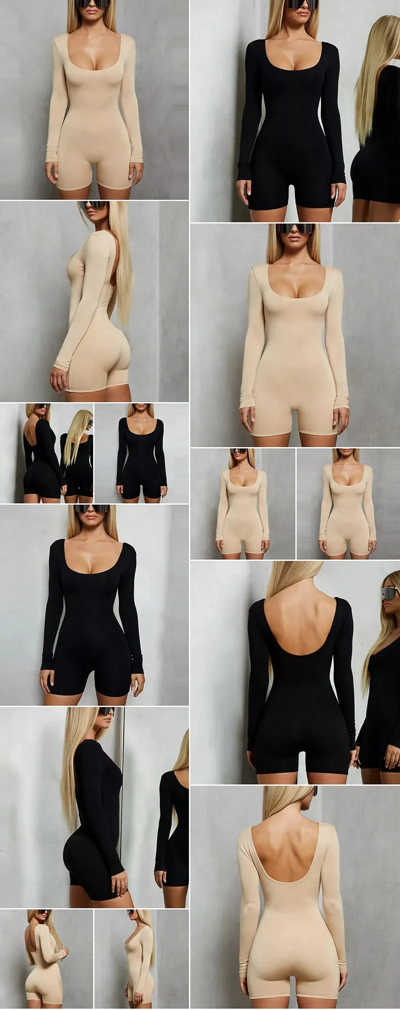 Black Long Sleeve Slim Playsuit Spring O-Neck Backless Sexy Rompers Jumpsuit Casual Body Tops Overalls