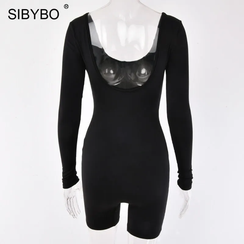 Black Long Sleeve Slim Playsuit Spring O-Neck Backless Sexy Rompers Jumpsuit Casual Body Tops Overalls