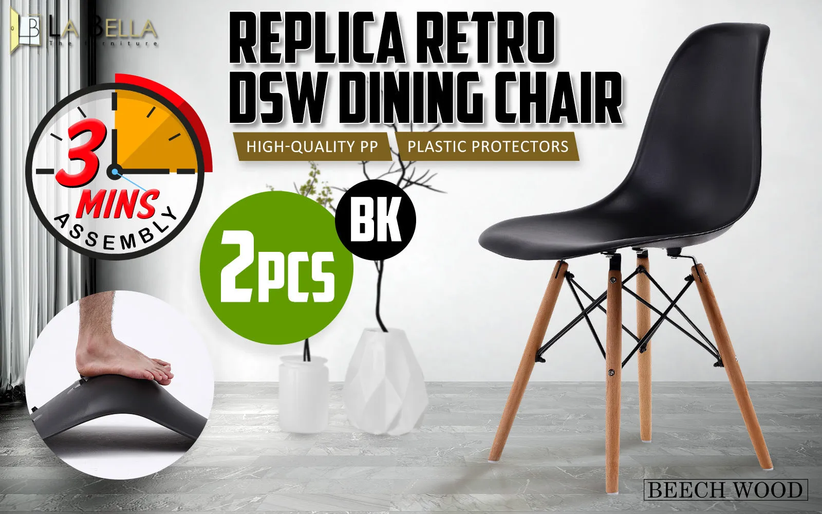 Black Retro Dining Cafe Chairs Set with Beech Legs - La Bella