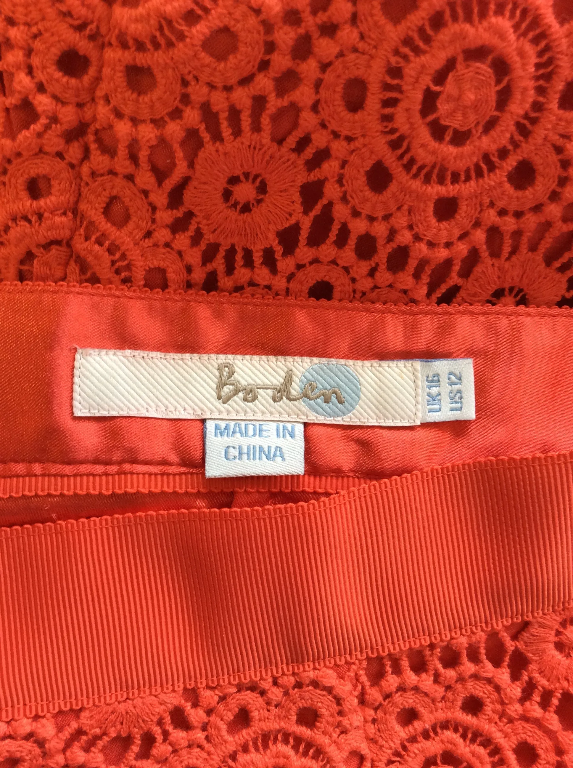 BRAND NEW BODEN CORAL ORANGE COTTON LACE KNEE LENGTH PENCIL SKIRT SIZE 16