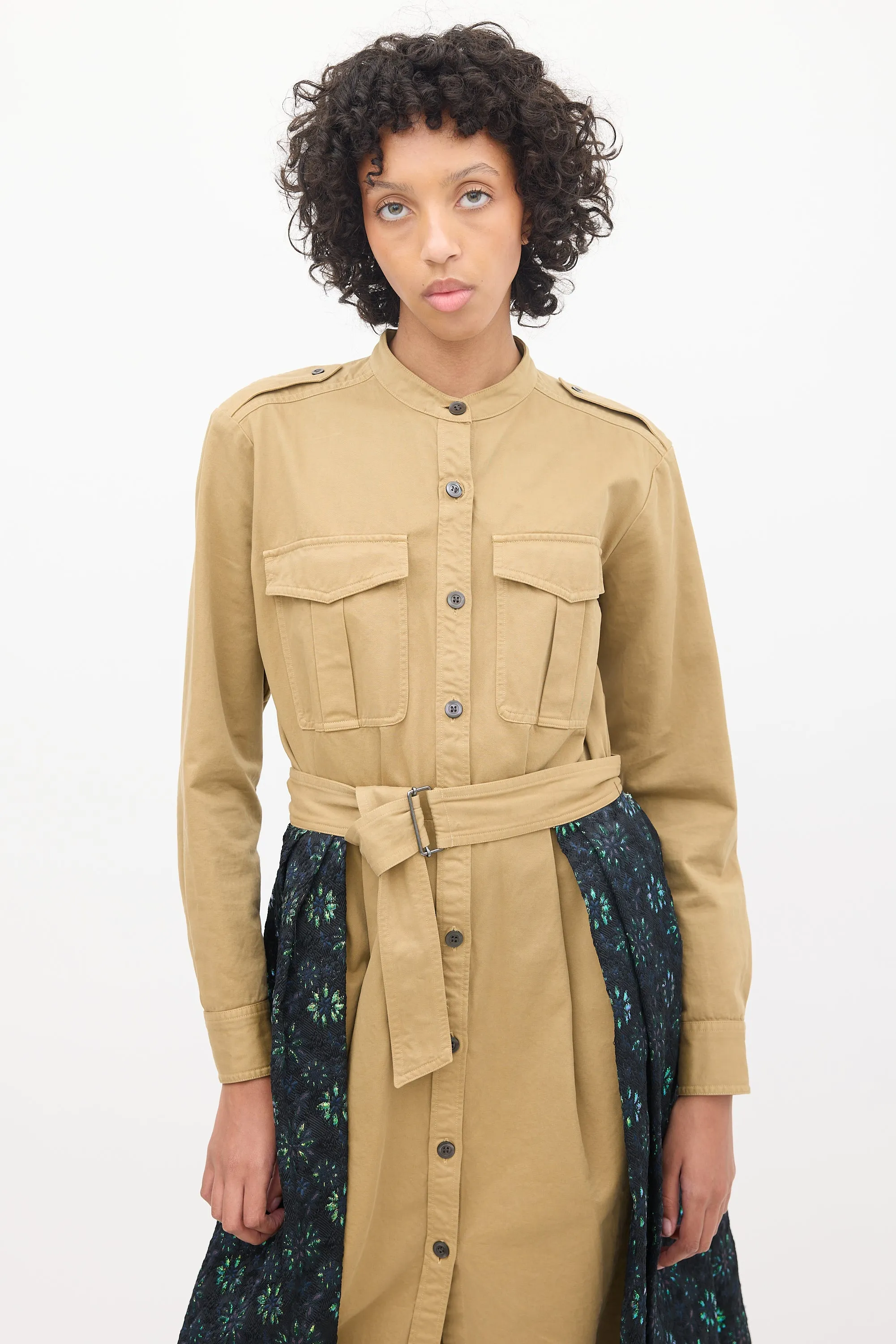 Brown & Multicolour Jacquard Overlay Shirt Dress