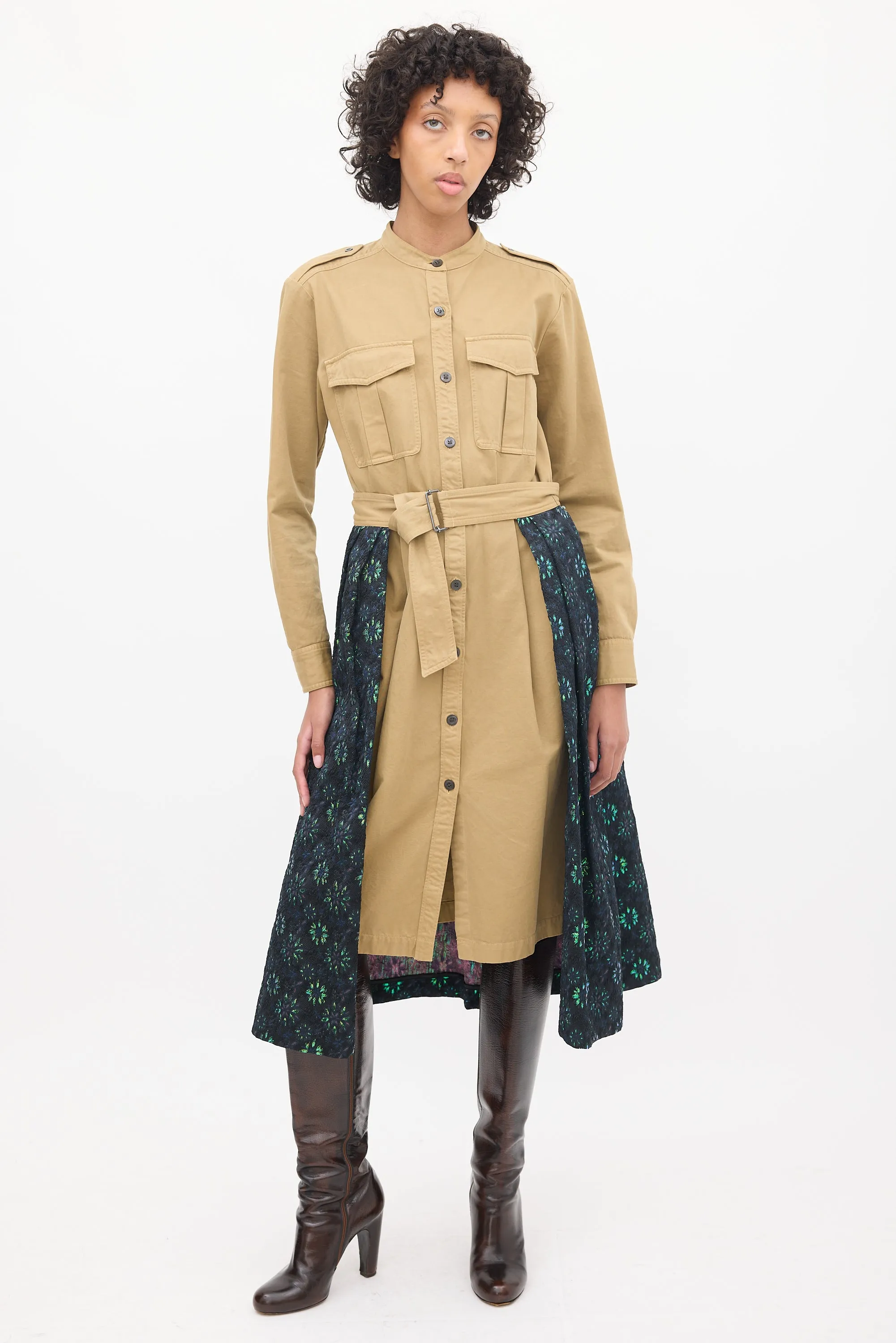 Brown & Multicolour Jacquard Overlay Shirt Dress