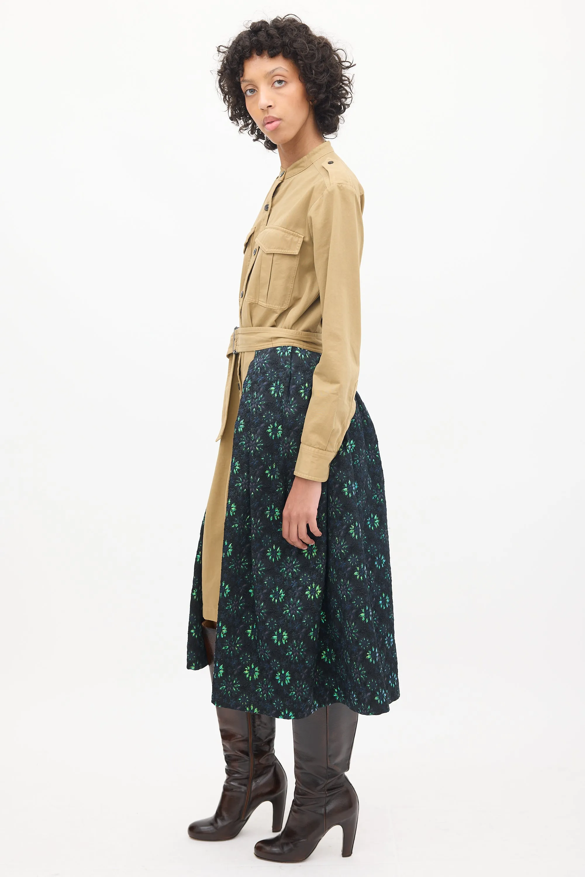 Brown & Multicolour Jacquard Overlay Shirt Dress
