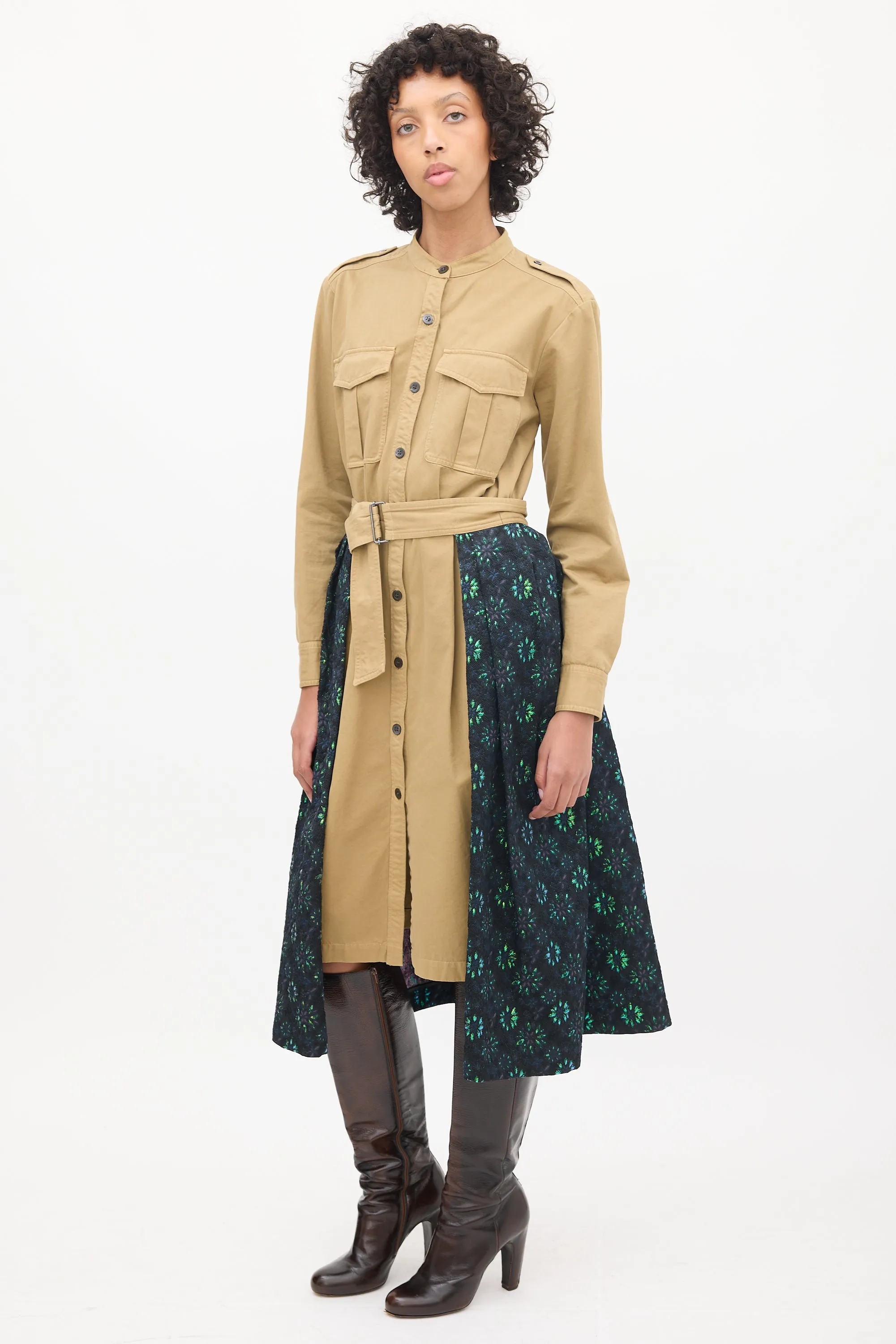Brown & Multicolour Jacquard Overlay Shirt Dress