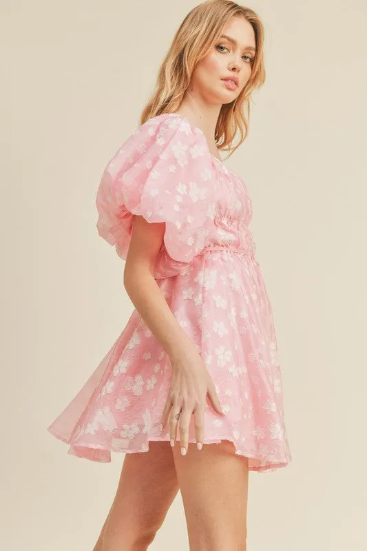 Cool Pink Floral Floral Bubble Sleeve Flared Mini Dress