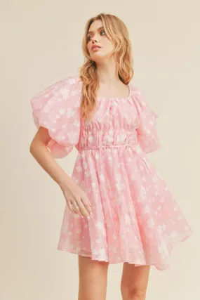 Cool Pink Floral Floral Bubble Sleeve Flared Mini Dress