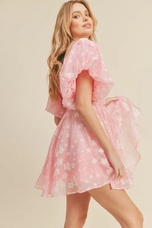 Cool Pink Floral Floral Bubble Sleeve Flared Mini Dress