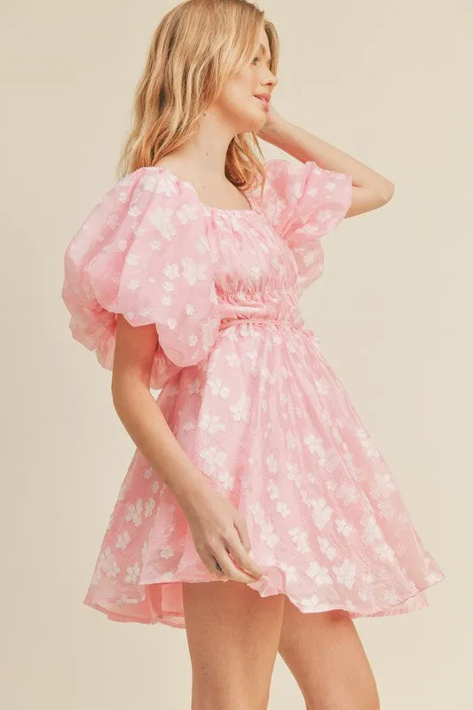 Cool Pink Floral Floral Bubble Sleeve Flared Mini Dress