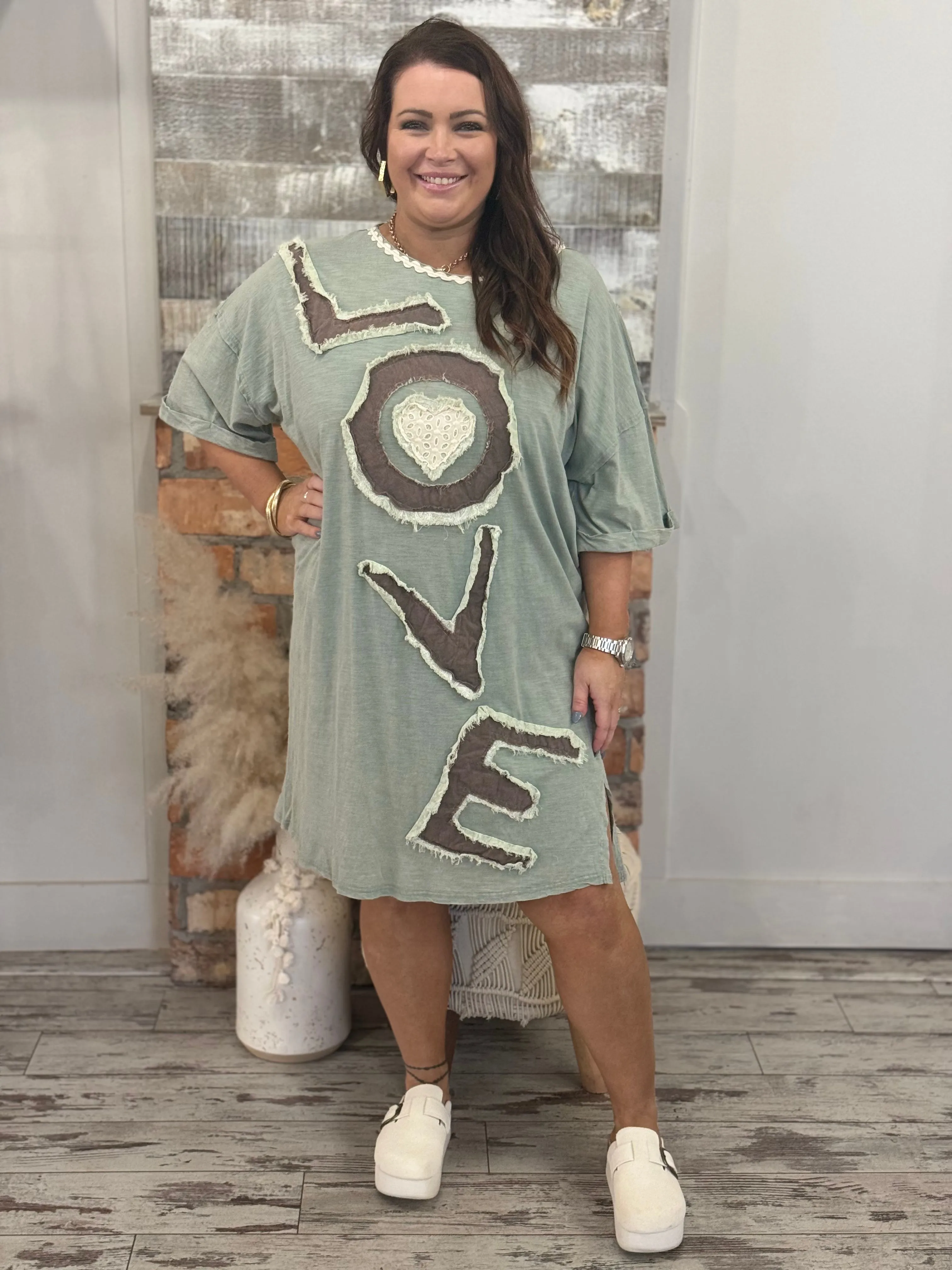 Cuffed Sleeve Love Patchwork Dress