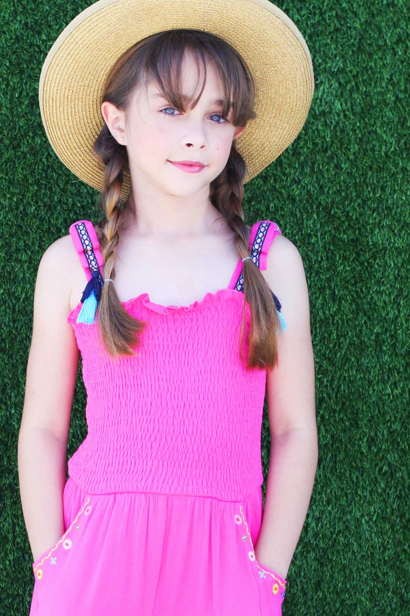 Girls Fuchsia Smocked Tops Embroidered Jumpsuit