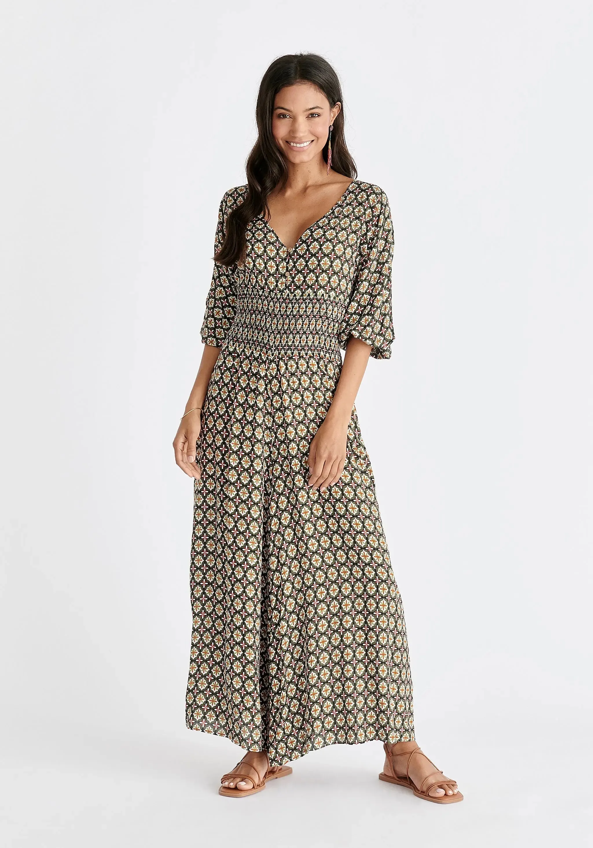 Green, Red, White and Orange Boho V-Neck Jumpsuit
