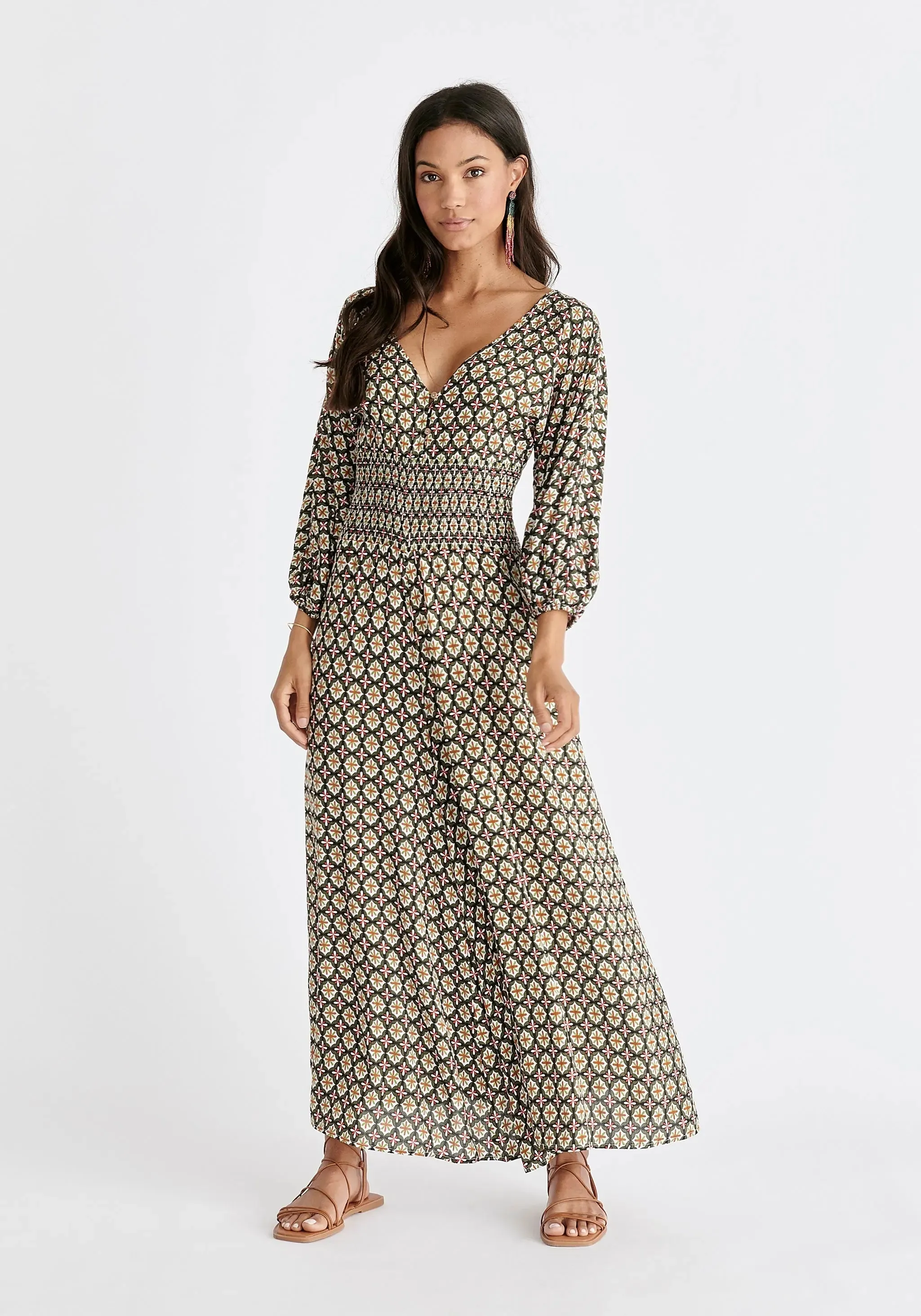 Green, Red, White and Orange Boho V-Neck Jumpsuit