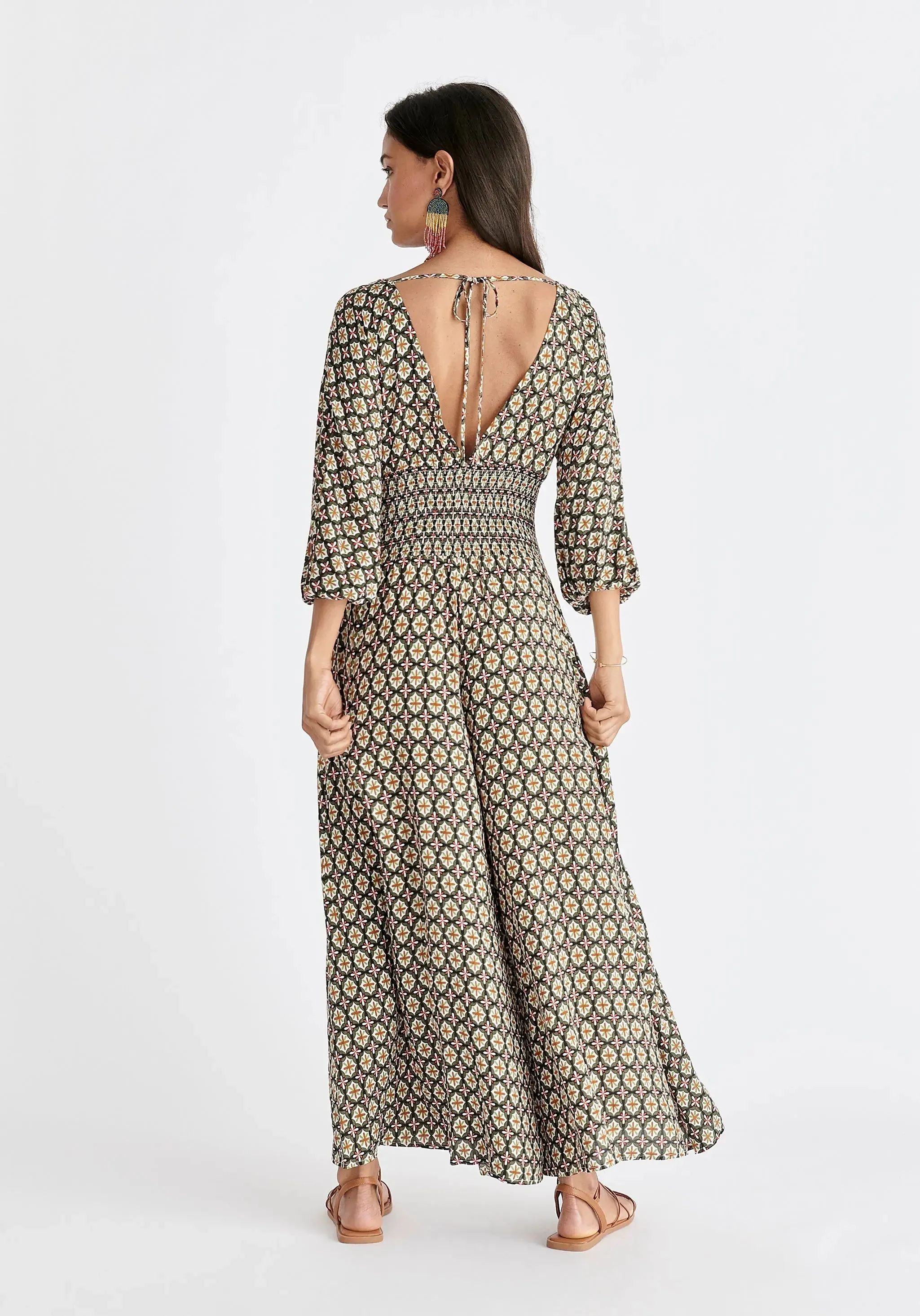 Green, Red, White and Orange Boho V-Neck Jumpsuit