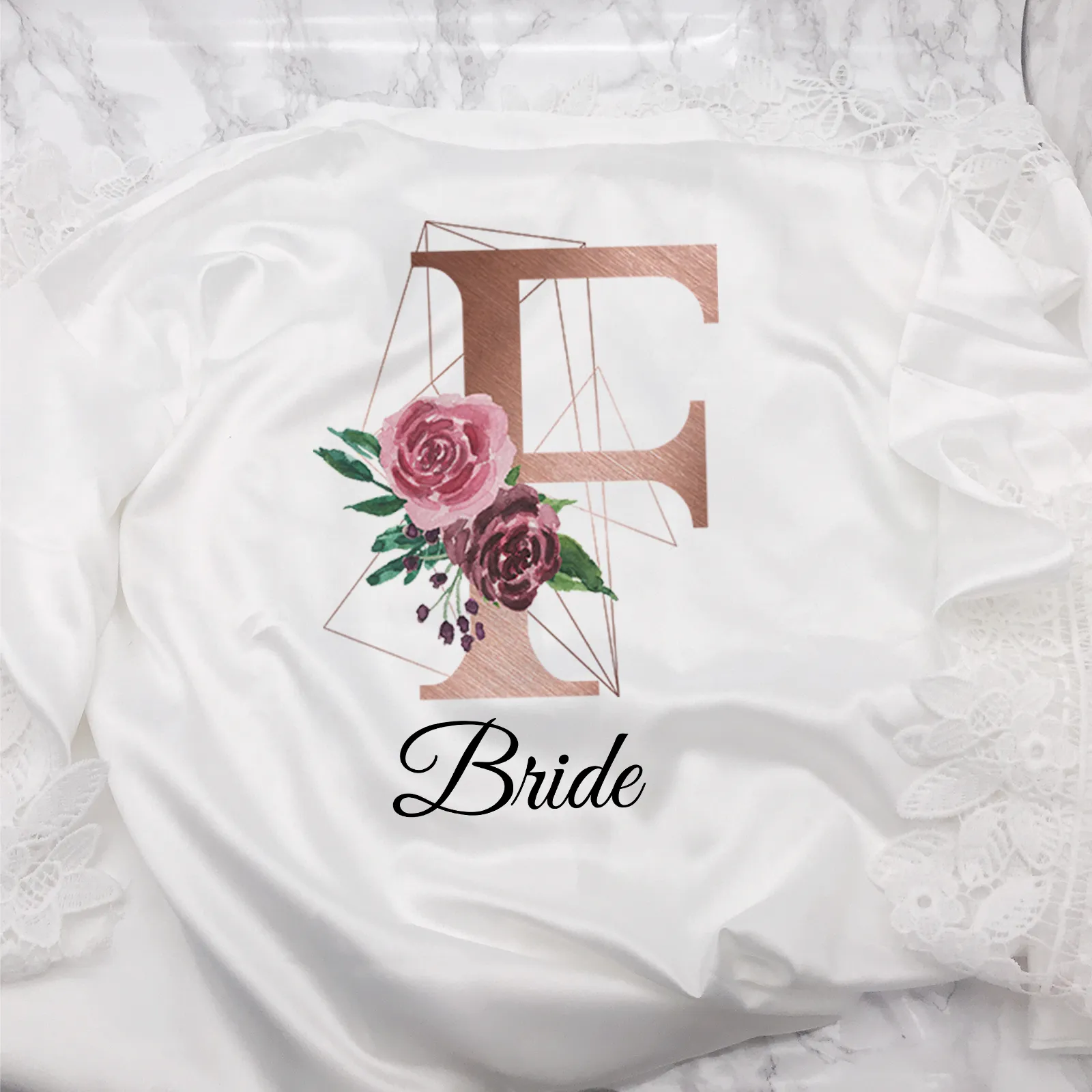 Initial Floral Personalised Bride Lace Wedding Dressing Robe