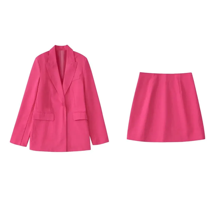 Joskaa Woman Elegant Rose Red Blazer Suit 2024 Spring Female Elegant Solid Basic Matching Set Ladies High Waisted Pencil Skirt Sets