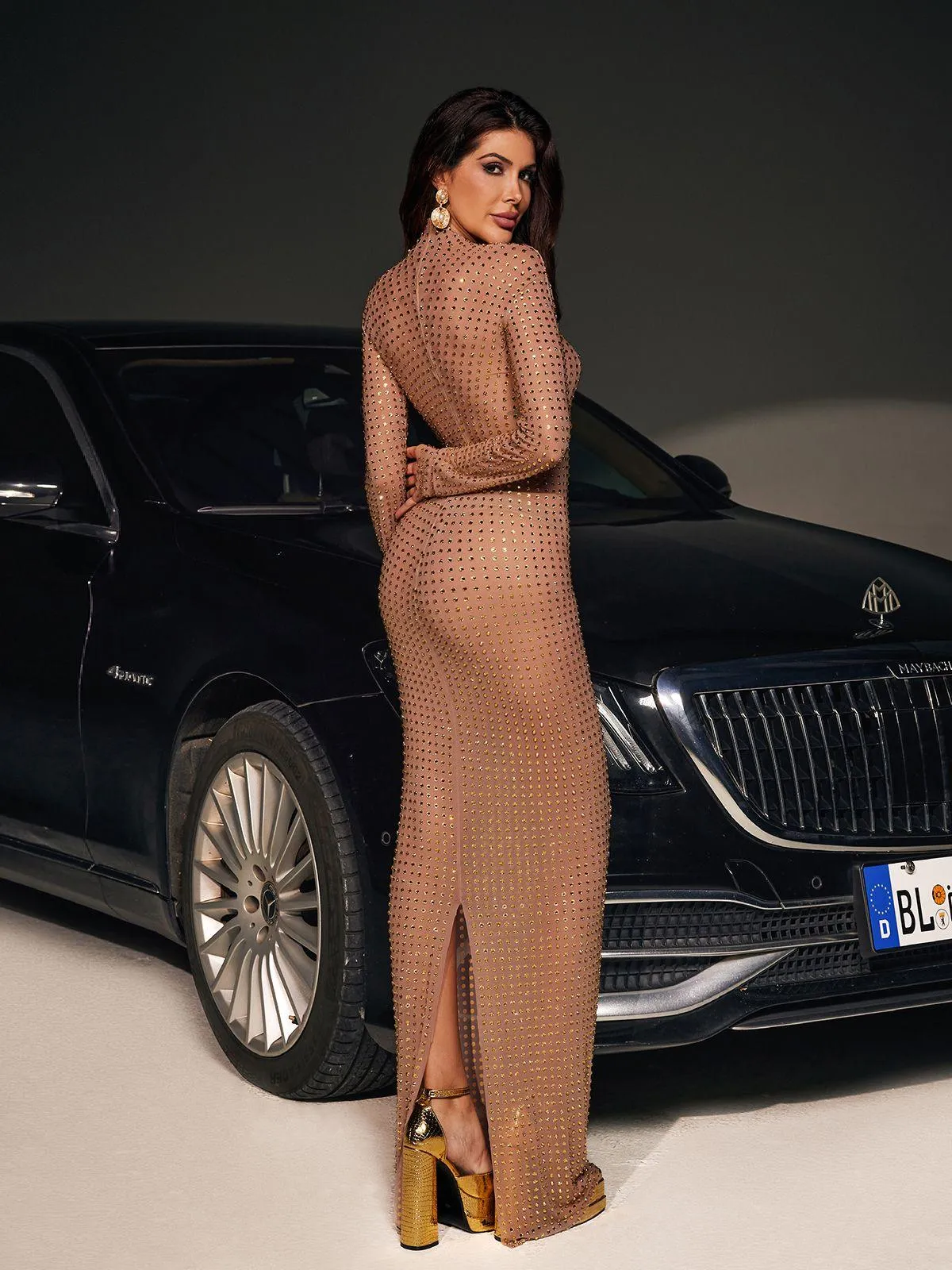 Karter Diamond Mesh Maxi Dress In Gold