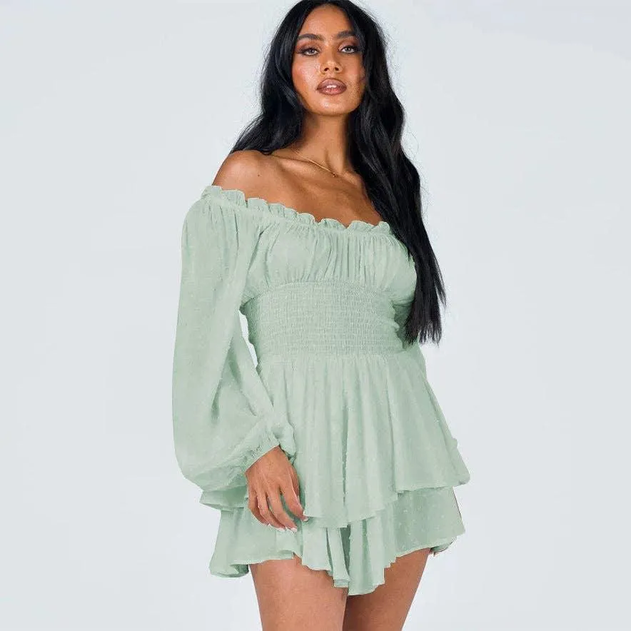 Ladies Wrinkle Boat Neck Daily Ruffled Jumpsuits GKAZ001