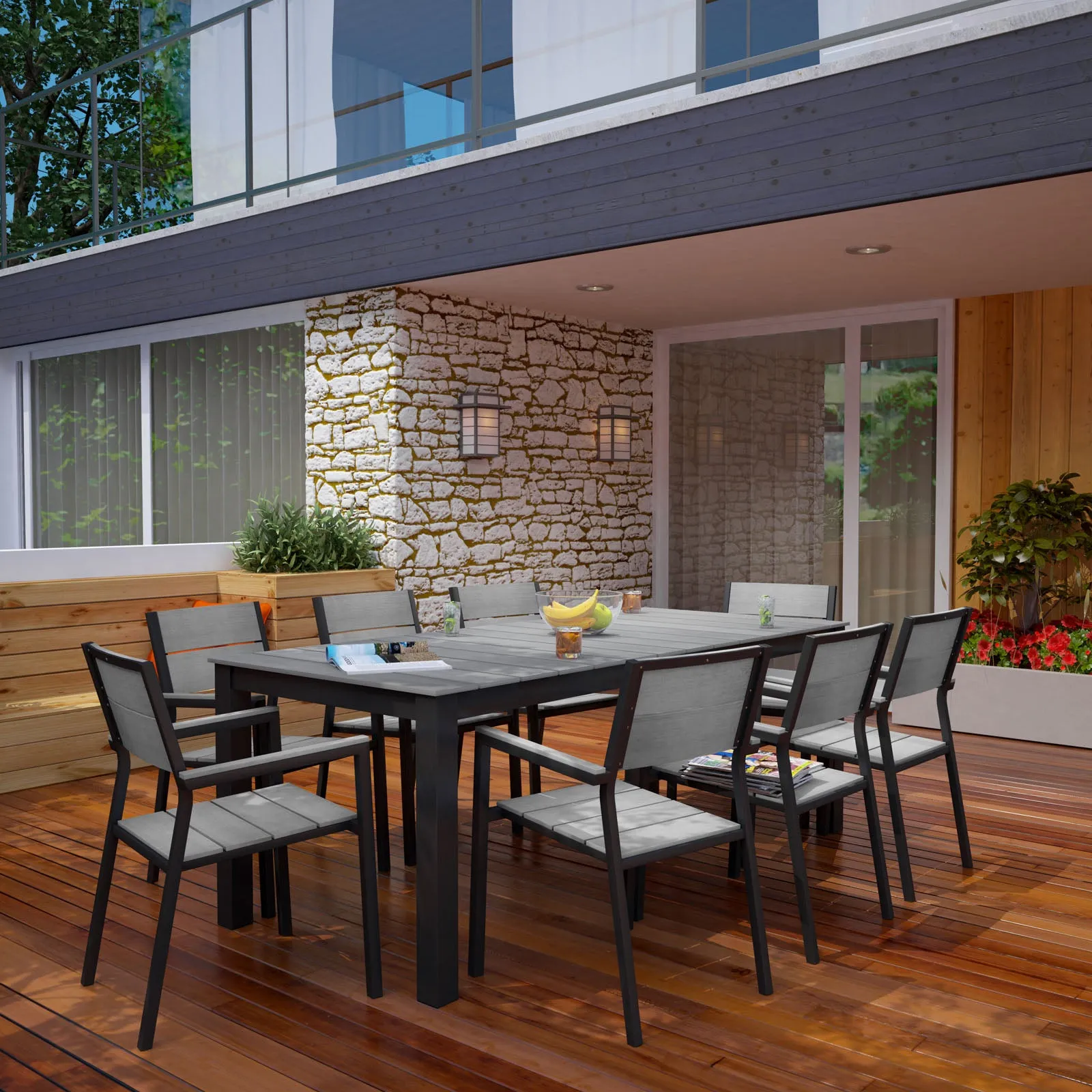 Maine 9 Piece Outdoor Patio Dining Set Brown Gray EEI-1753-BRN-GRY-SET