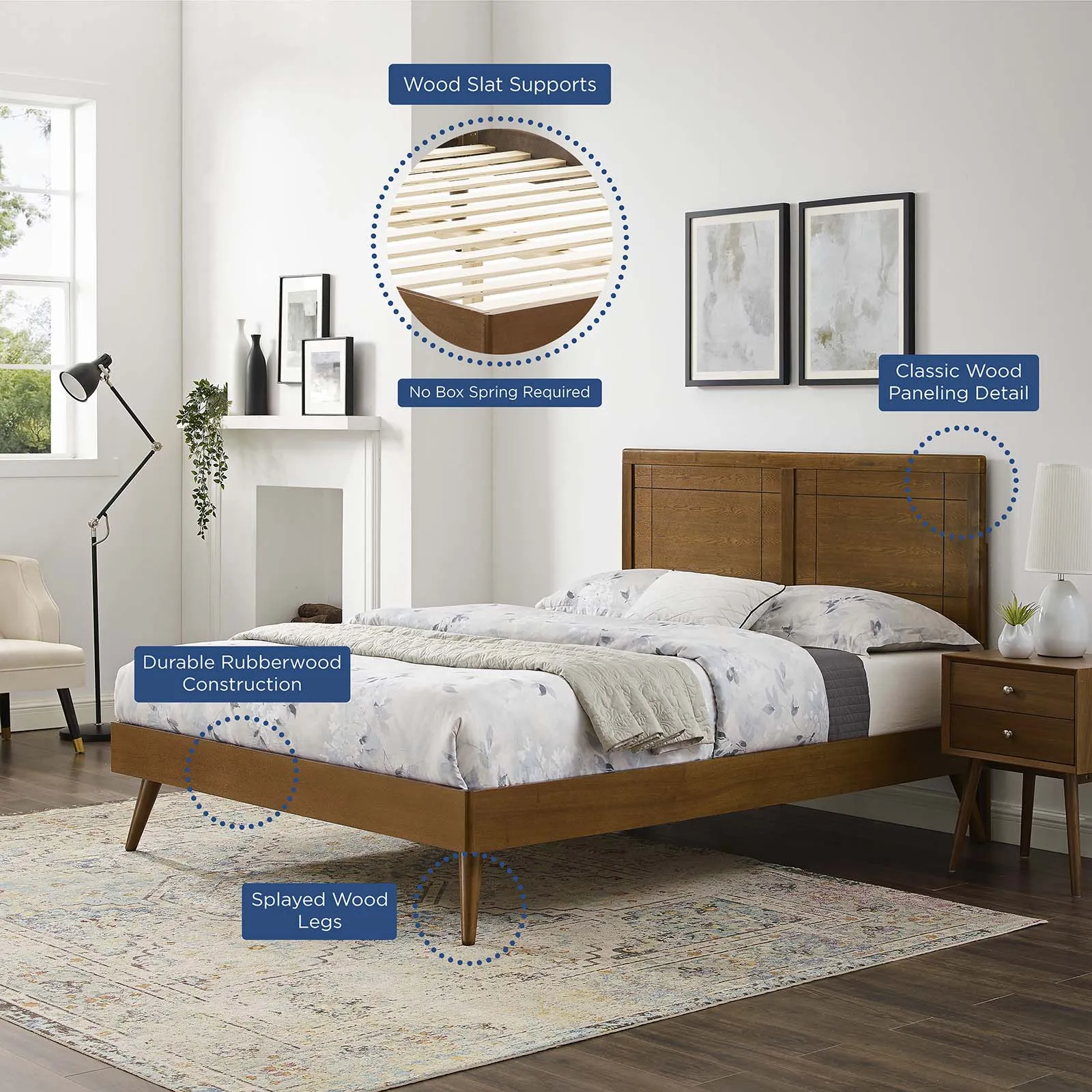 Marlee King Wood Platform Bed With Splayed Legs Walnut MOD-6629-WAL