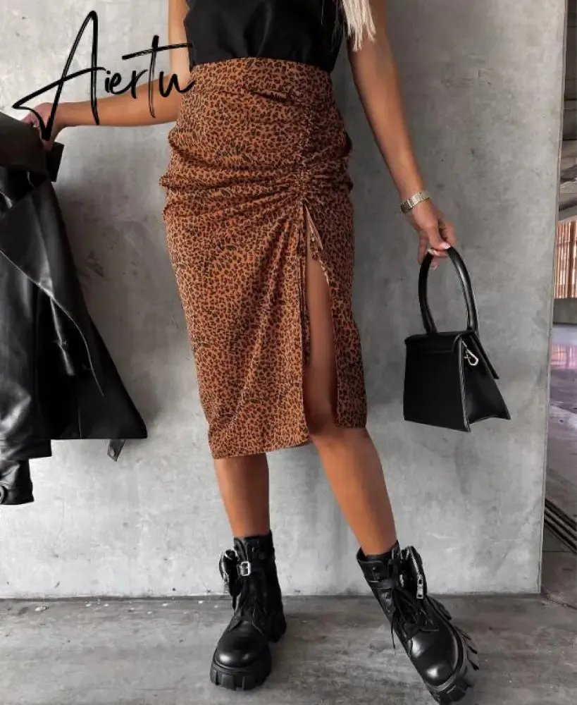 Midi Skirt Women Leopard Spring Lace Up Slit Bodycon High Waist Drawstring Printed Sexy Skirt Casual Office Female Skirt