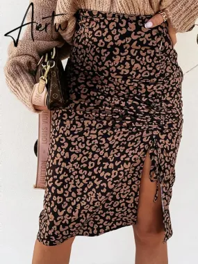 Midi Skirt Women Leopard Spring Lace Up Slit Bodycon High Waist Drawstring Printed Sexy Skirt Casual Office Female Skirt