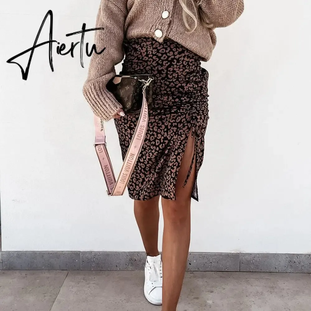 Midi Skirt Women Leopard Spring Lace Up Slit Bodycon High Waist Drawstring Printed Sexy Skirt Casual Office Female Skirt
