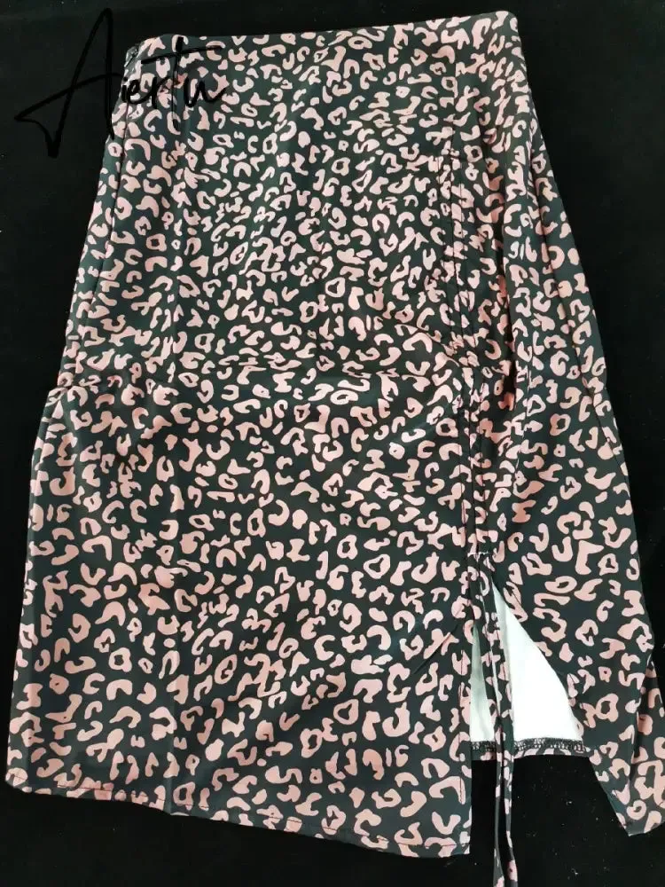 Midi Skirt Women Leopard Spring Lace Up Slit Bodycon High Waist Drawstring Printed Sexy Skirt Casual Office Female Skirt