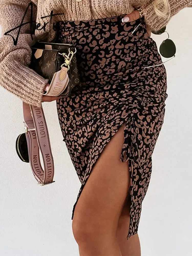 Midi Skirt Women Leopard Spring Lace Up Slit Bodycon High Waist Drawstring Printed Sexy Skirt Casual Office Female Skirt