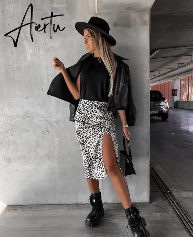 Midi Skirt Women Leopard Spring Lace Up Slit Bodycon High Waist Drawstring Printed Sexy Skirt Casual Office Female Skirt