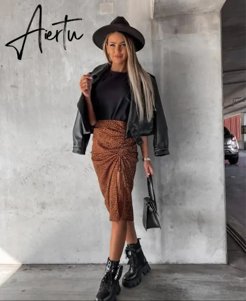 Midi Skirt Women Leopard Spring Lace Up Slit Bodycon High Waist Drawstring Printed Sexy Skirt Casual Office Female Skirt