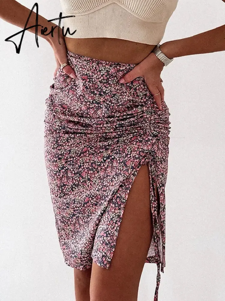 Midi Skirt Women Leopard Spring Lace Up Slit Bodycon High Waist Drawstring Printed Sexy Skirt Casual Office Female Skirt