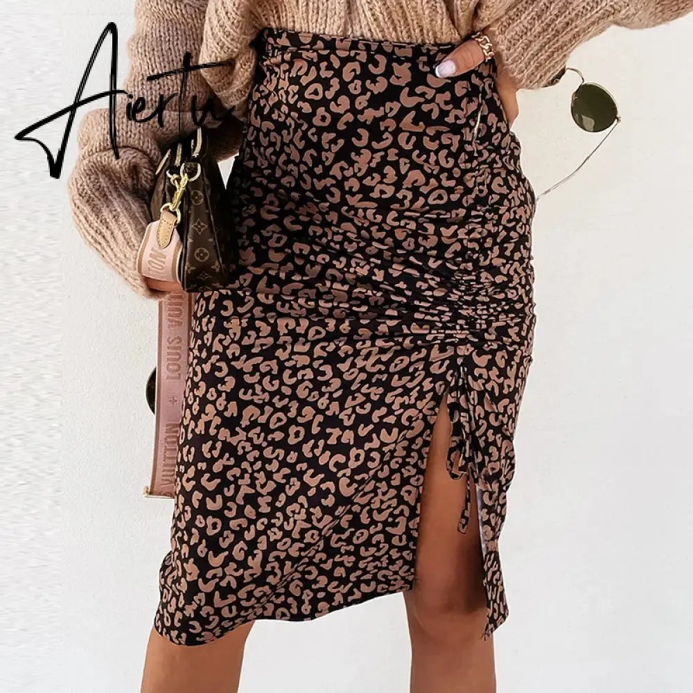Midi Skirt Women Leopard Spring Lace Up Slit Bodycon High Waist Drawstring Printed Sexy Skirt Casual Office Female Skirt