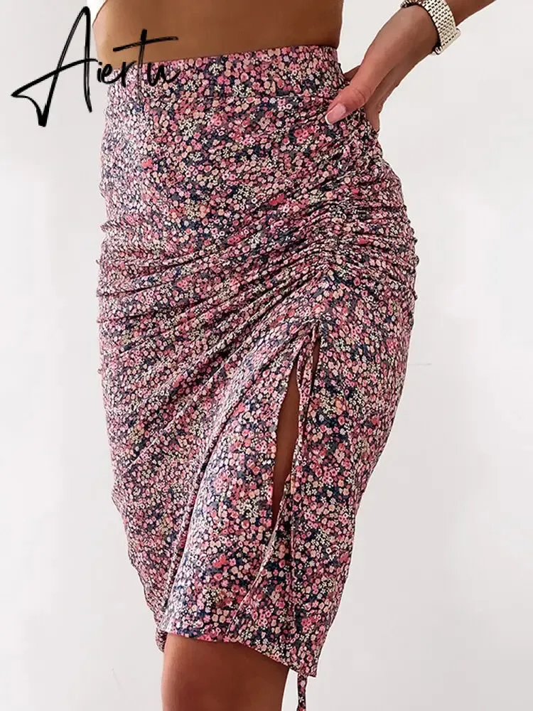 Midi Skirt Women Leopard Spring Lace Up Slit Bodycon High Waist Drawstring Printed Sexy Skirt Casual Office Female Skirt