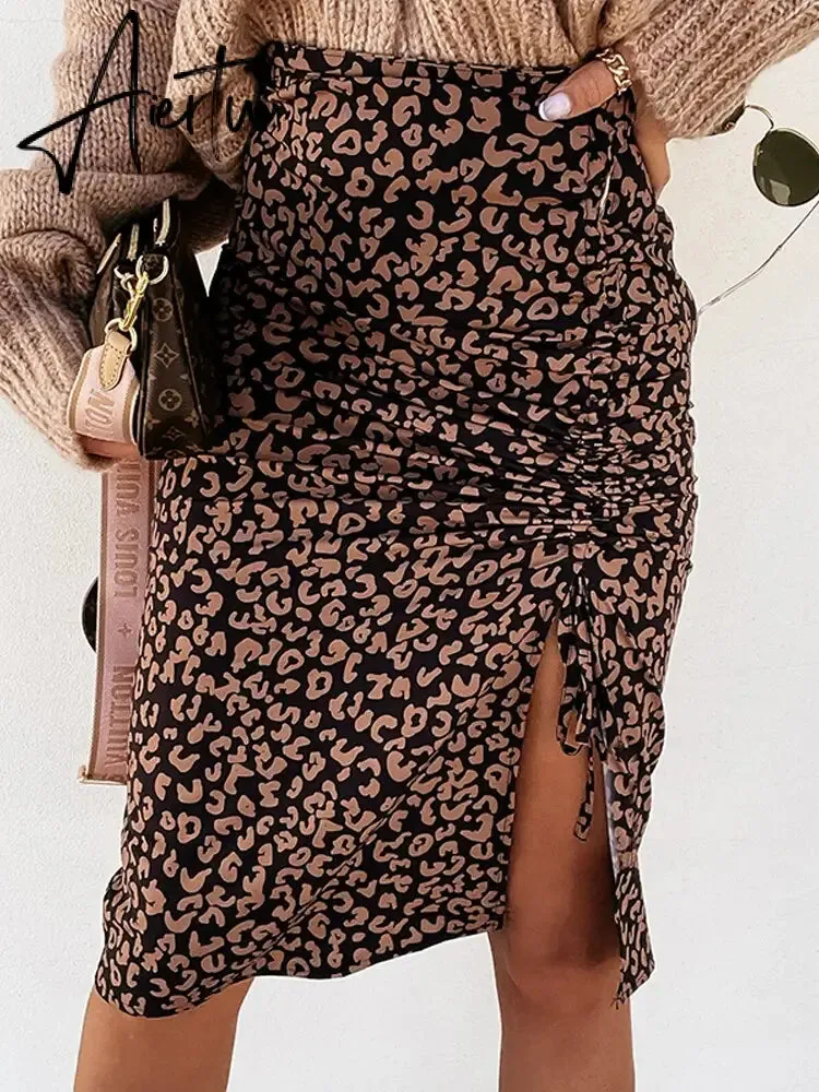 Midi Skirt Women Leopard Spring Lace Up Slit Bodycon High Waist Drawstring Printed Sexy Skirt Casual Office Female Skirt
