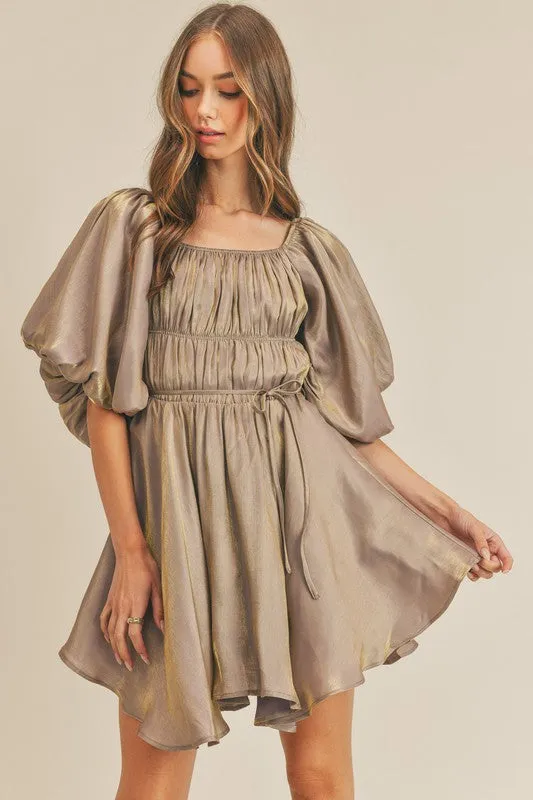 Mocha Gold Metallic Bubble Sleeve Flared Mini Dress