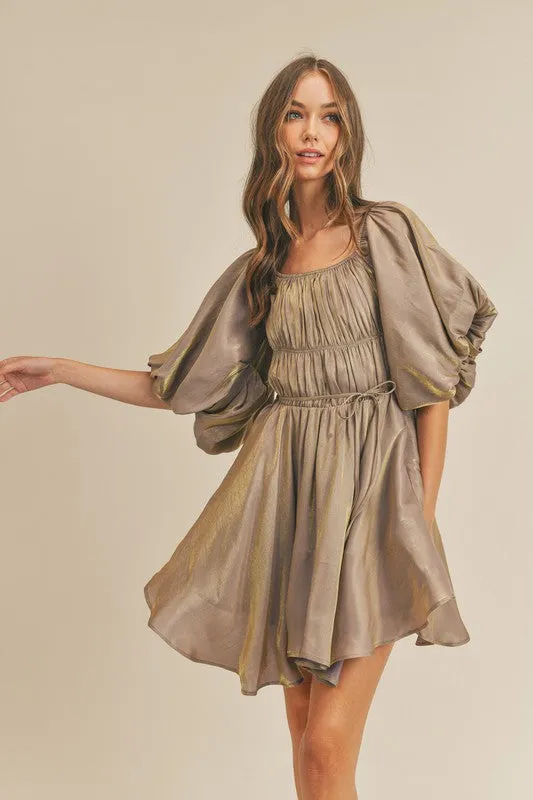 Mocha Gold Metallic Bubble Sleeve Flared Mini Dress