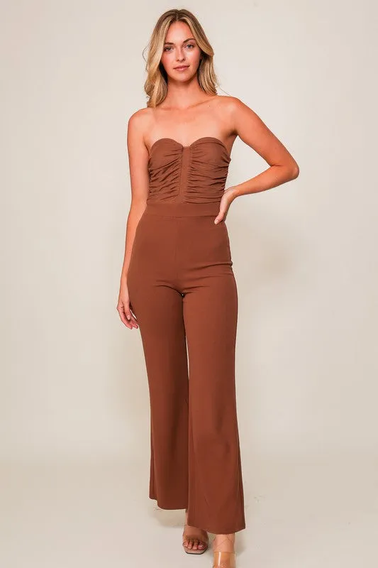 Mocha Night Out Mesh Top Techno Crepe Jumpsuit