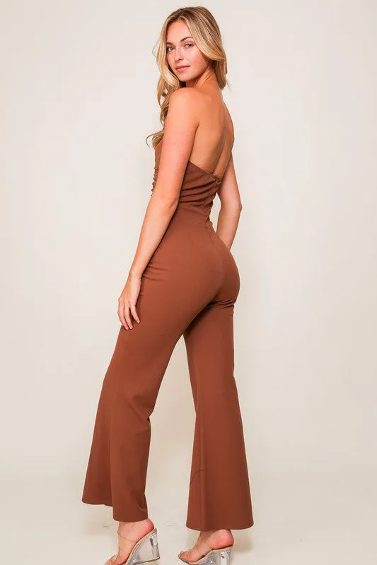 Mocha Night Out Mesh Top Techno Crepe Jumpsuit