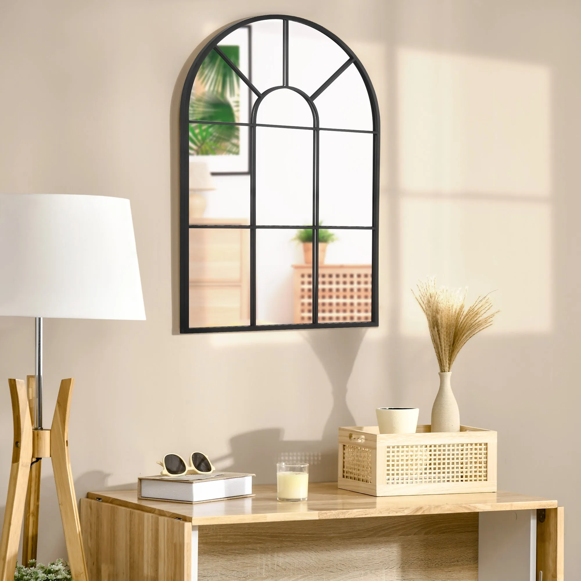 Modern Arched Wall Mirror, 91 x 60 cm Window Mirrors for Living Room, Bedroom, Black