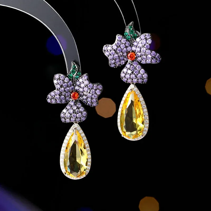 New Luxury Cubic Zirconia Waterdrop Flower Earrings Banquet Dress Bridal Wedding Jewely LYI093
